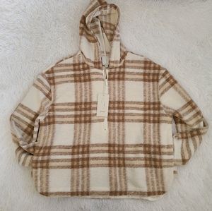 Joie Tan And Brown Plaid 3/4 Zip Pullover Fleece Hoodie NWOT SZ M